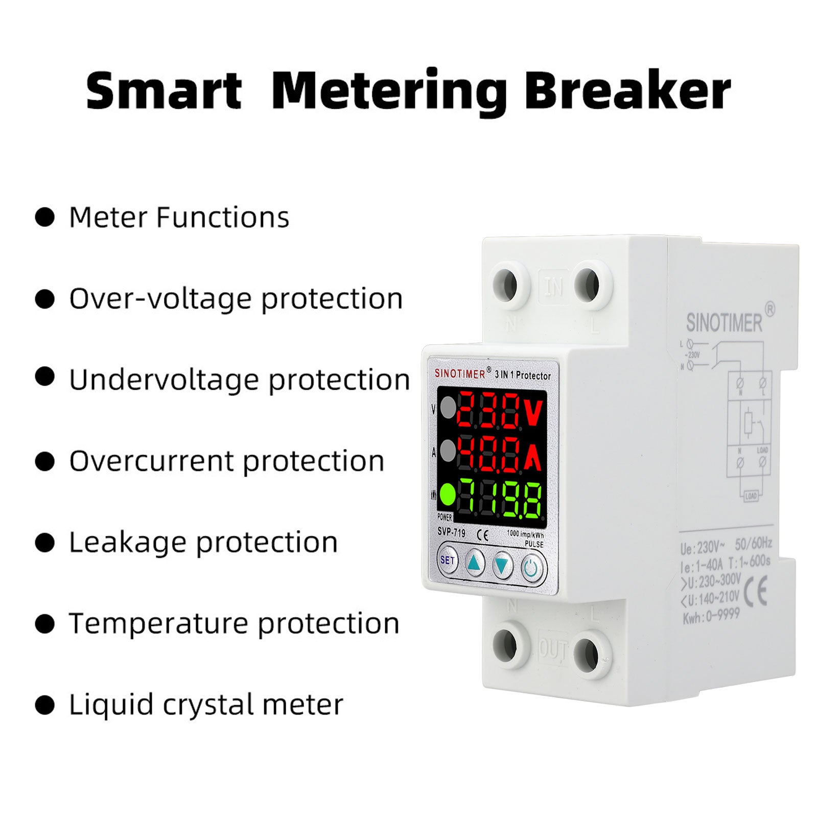 Relais de tension 230V 40A DIN avec écran LCD, protection surtension et sous-tension, limiteur de courant, réarmement automatique SVP-719 - 8