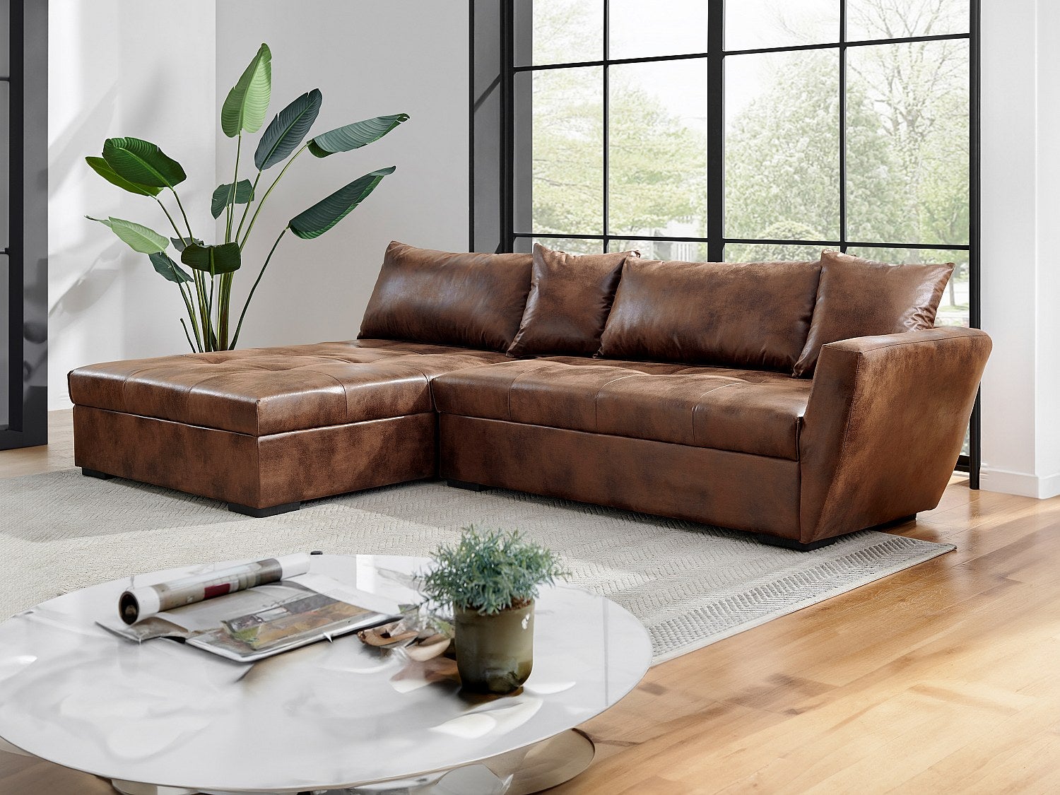 Kanapa narożna rozkładana z postarzonej mikrofibry ROMANE - Brązowy vintage - Narożnik lewostronny