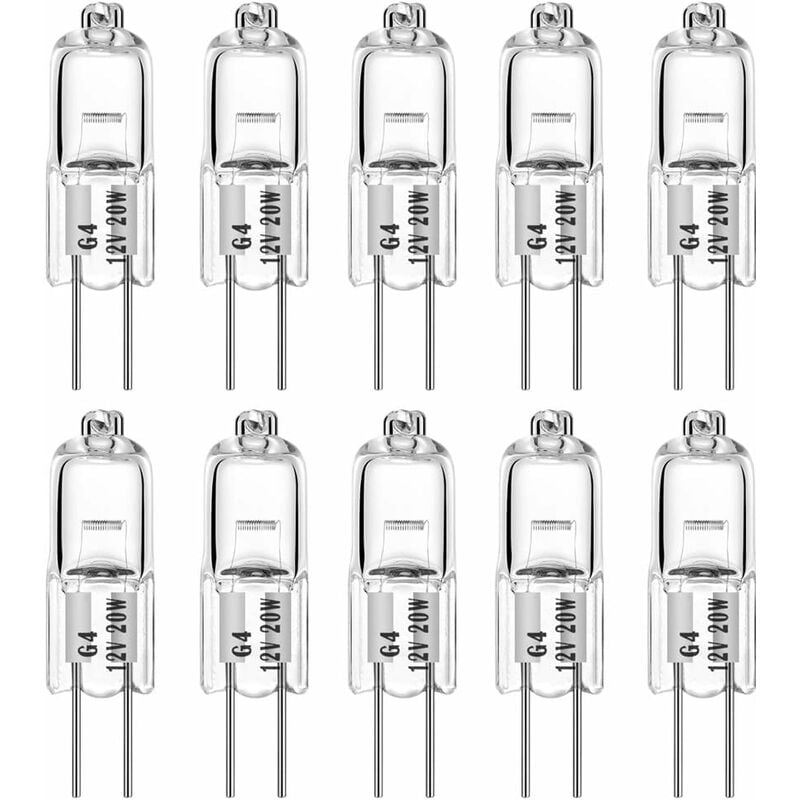 Ampolla halógena de repuesto g4/20 w/12 v/t3, base de 2 pines, estilo jc, iluminación de paisaje debajo del gabinete, regulable (10 unidades)