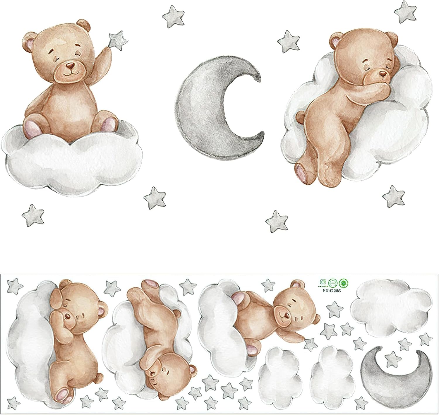 Pegatinas de pared de animales, oso, nubes, luna y estrellas, calcomanías artísticas extraíbles, decoración de osito de peluche para dormitorio infant