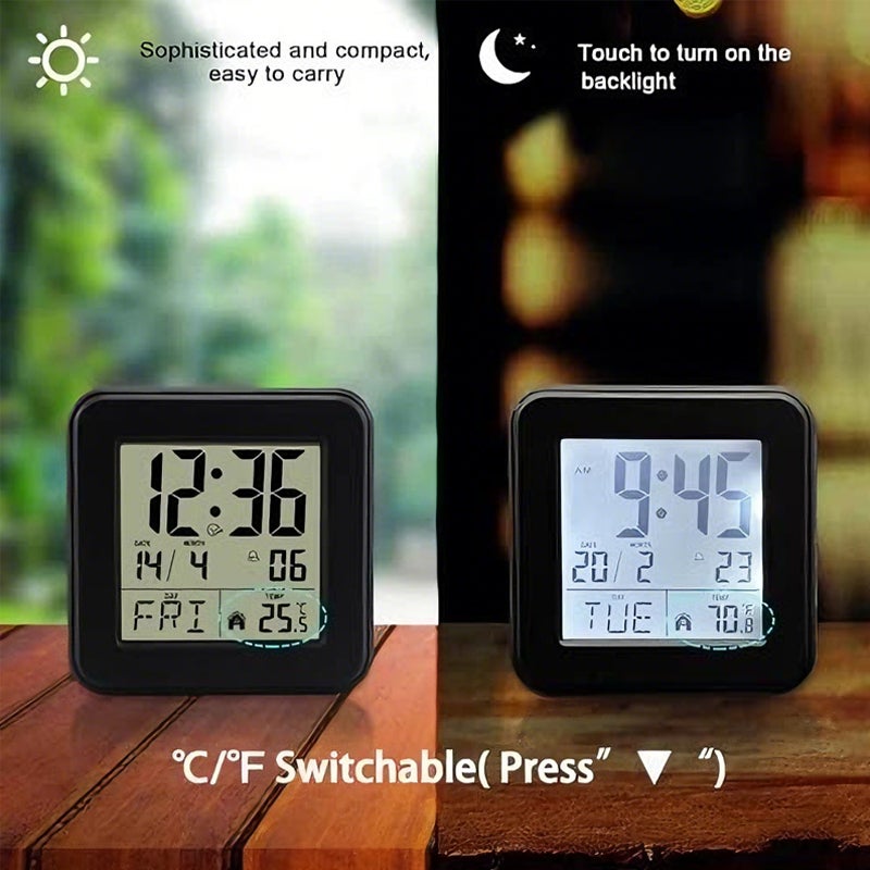 Set 2 sveglie LCD digitali nere con doppia allarme, temperatura interna, data e snooze alimentate a batteria per casa e ambienti lavoro - 5