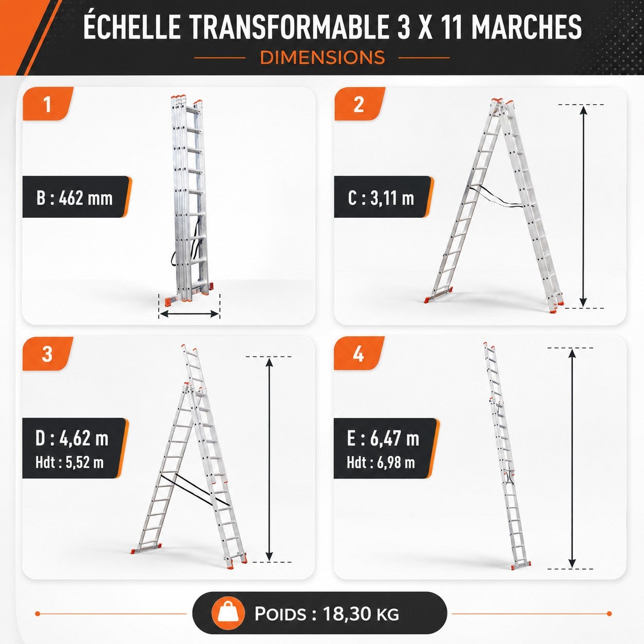 XTRA Echelle transformable en aluminium 3 plans 11 marches - 4