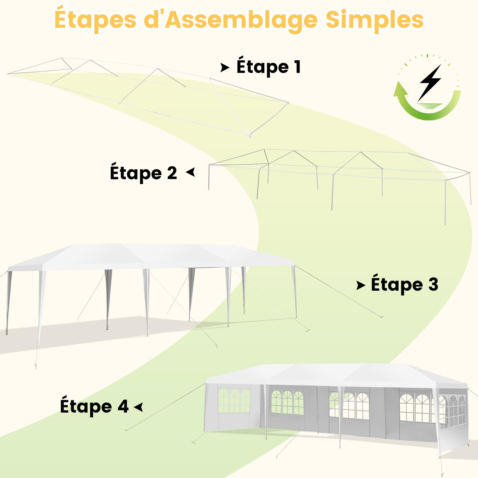 Tonnelle de Jardin 3x9m Acier, Tente de Réception avec 5 Murs Amovibles, Fenêtre sur Côté, Piquets de Terre Solides pour Fêtes, Mariage, BBQ, Blanc - 6