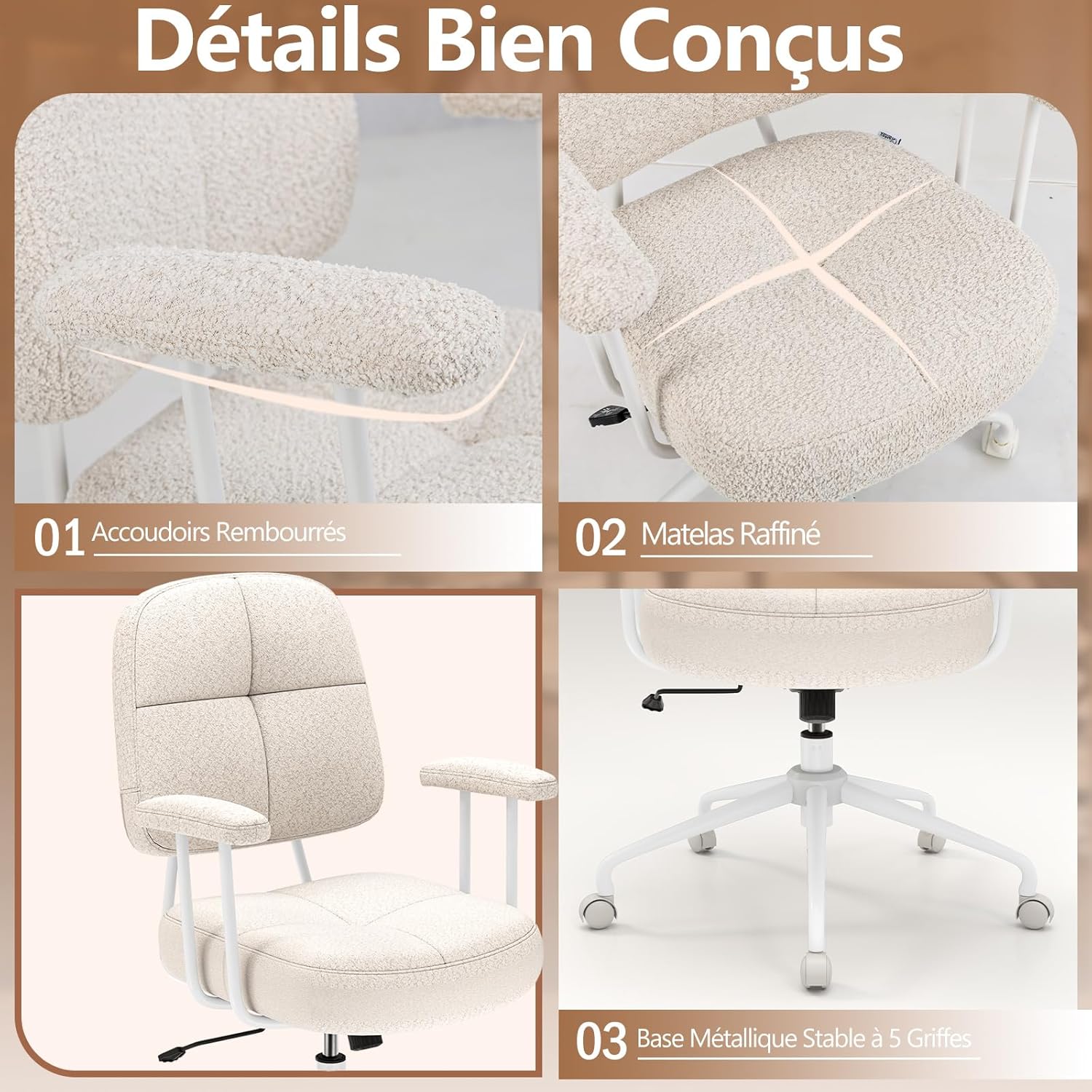 Sedia da Ufficio, con Schienale e Braccioli, Sedia Girevole Regolabile con Funzione a Dondolo e Ruote per Camera da Letto, Studio, Portata 150 - 9