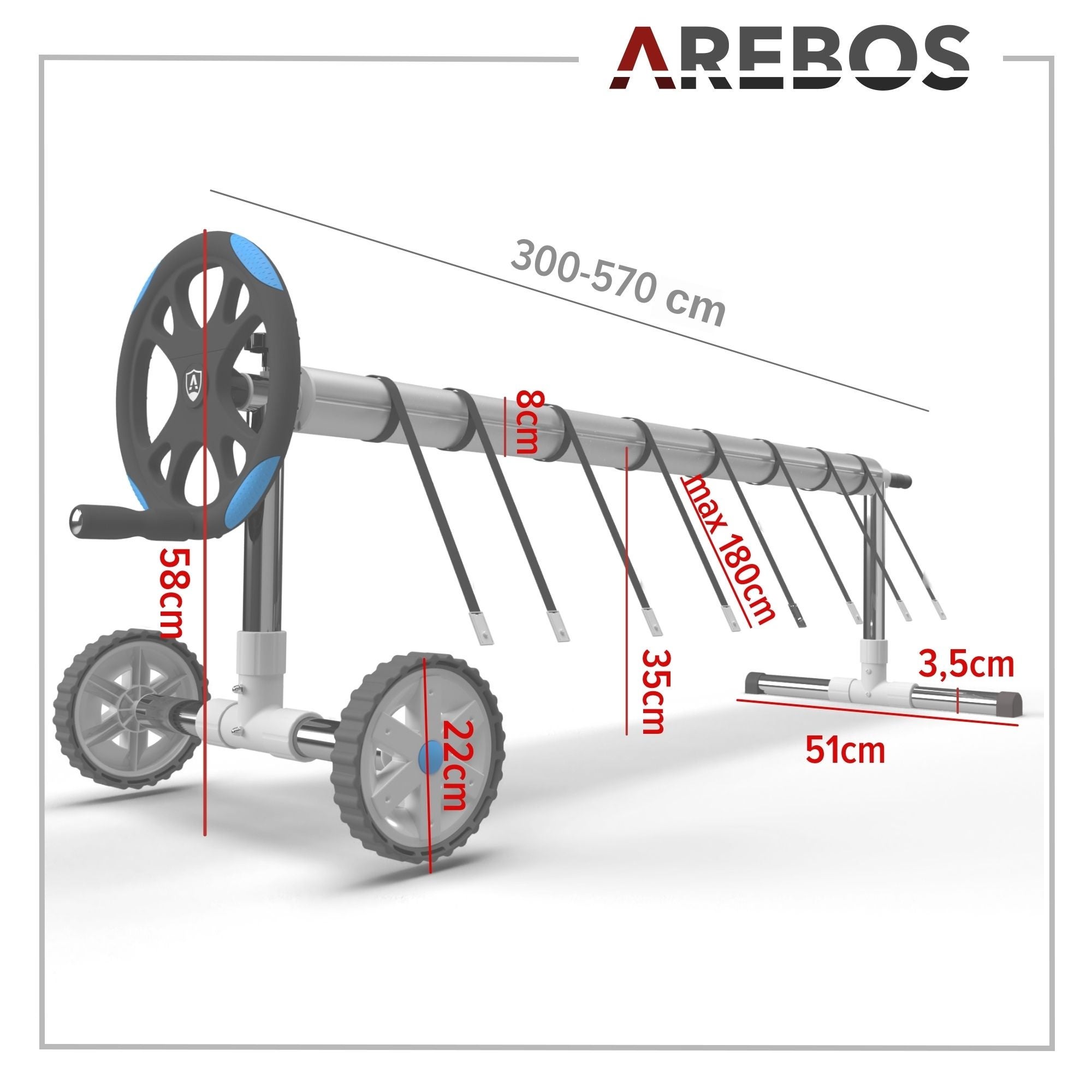 AREBOS Système d'enroulement mobile pour bâches solaires et bâches de piscine longueur de 3m - 5,70m Fixation et Rouleaux Inclus - 4