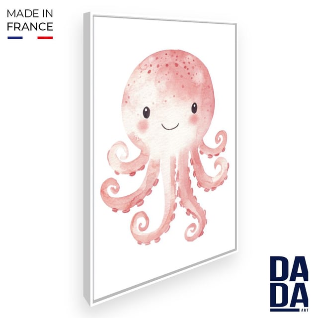 Tableau imprimé et encadré pour enfants 'Pieuvre souriante' / 100x140cm / Cadre Blanc / Fabriqué en France / Toile murale / DADA ART