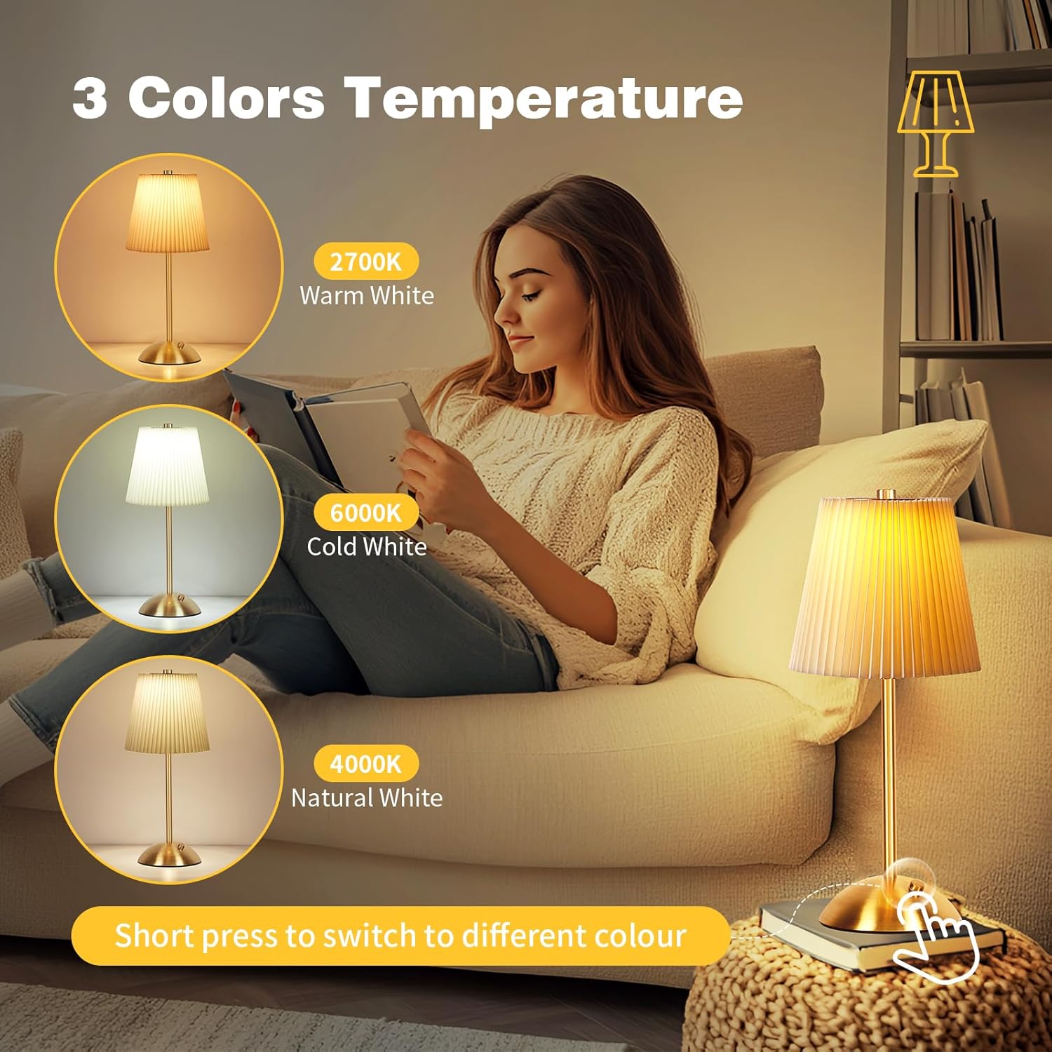 Lampe de chevet décorative avec abat-jour plissé et base en métal rechargeable, 3 couleurs, lampe de bureau à intensité variable - 5