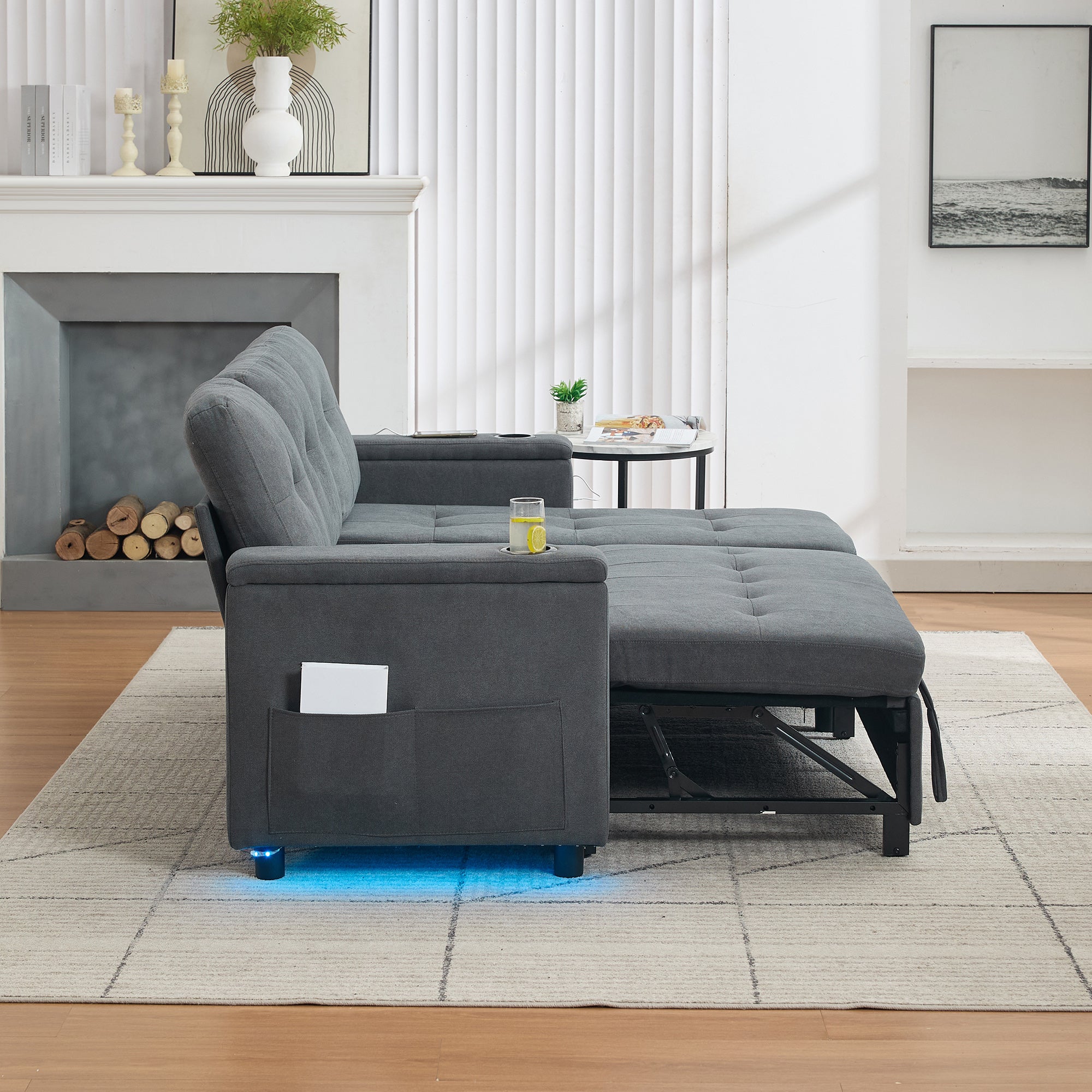 Sofa narożna 3-osobowa z funkcją spania - 208 x 146 x 89,5 cm - Diody LED i gniazdo ładowania - Wyściółka z włókniny i pianki - Szara - 4