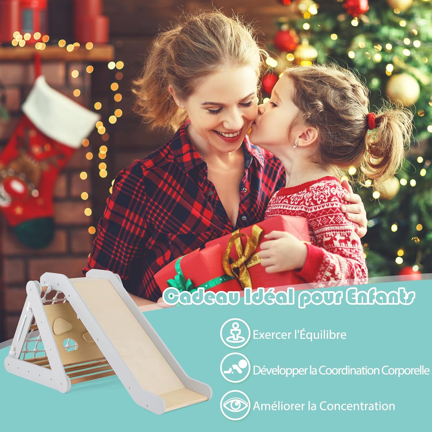 Triangle d’Escalade Montessori Enfants avec Filet à Grimper, Planche et Échelle,Pierres avec Toboggan,Aire de Jeux Intérieur pour Bébé 1 an+(Gris) - 5