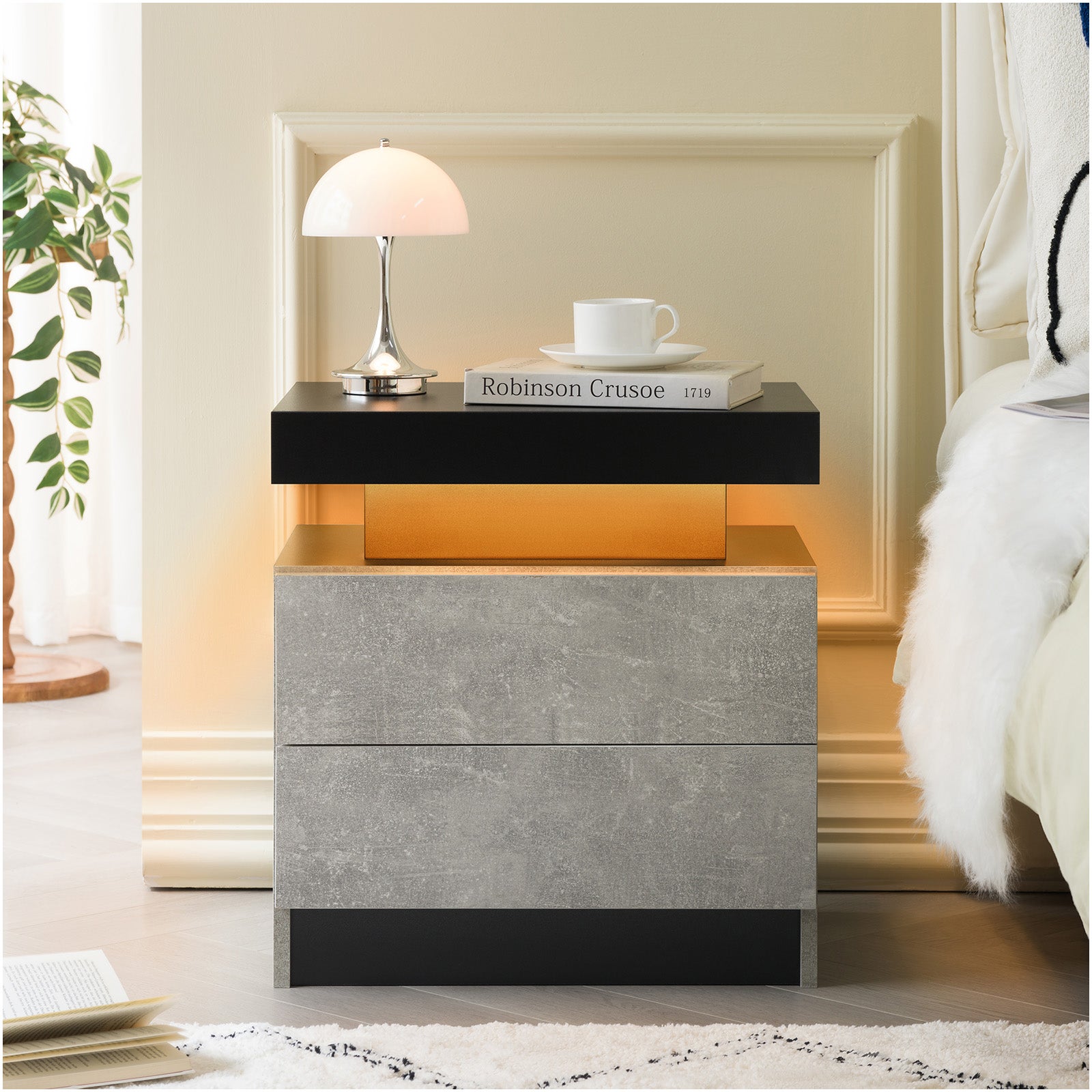 Mesita De Noche LED Moderna Con 2 Cajones Y Luz Para Dormitorio Gris mesita-de-noche-led-moderna-con-2-cajones-y-luz-para-dormitorio-gris