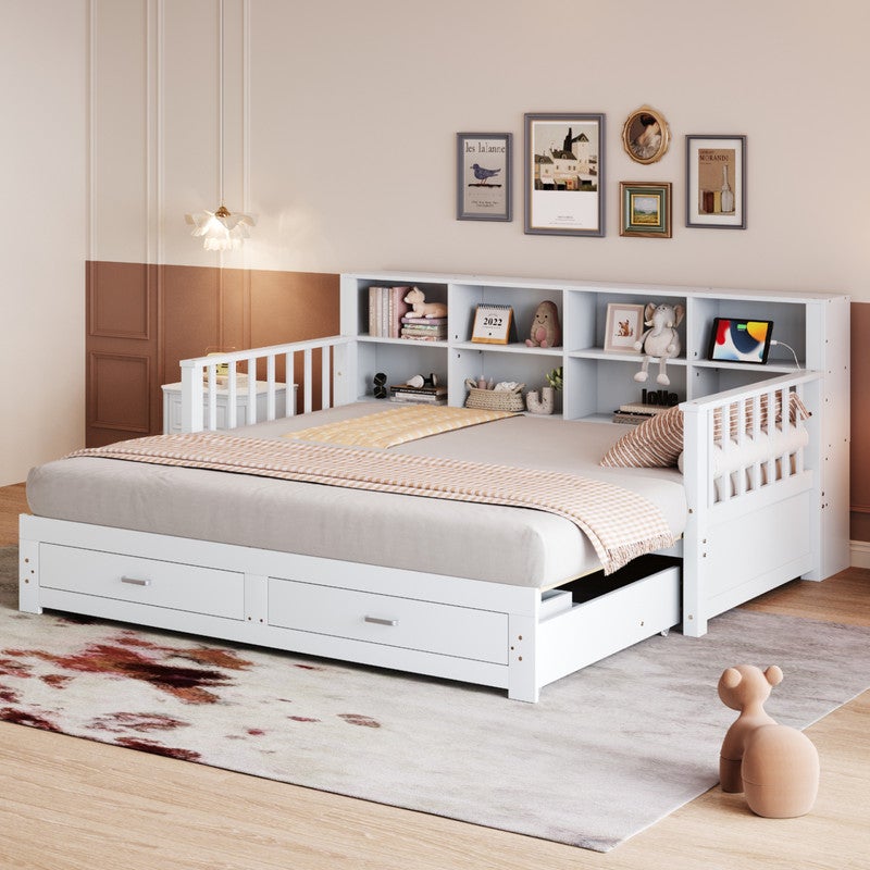 Canapé-lit gigogne en bois massif 90/180x190 cm - avec prise de charge - avec rangement - avec 2 tiroirs - sommier à lattes - blanc - 5