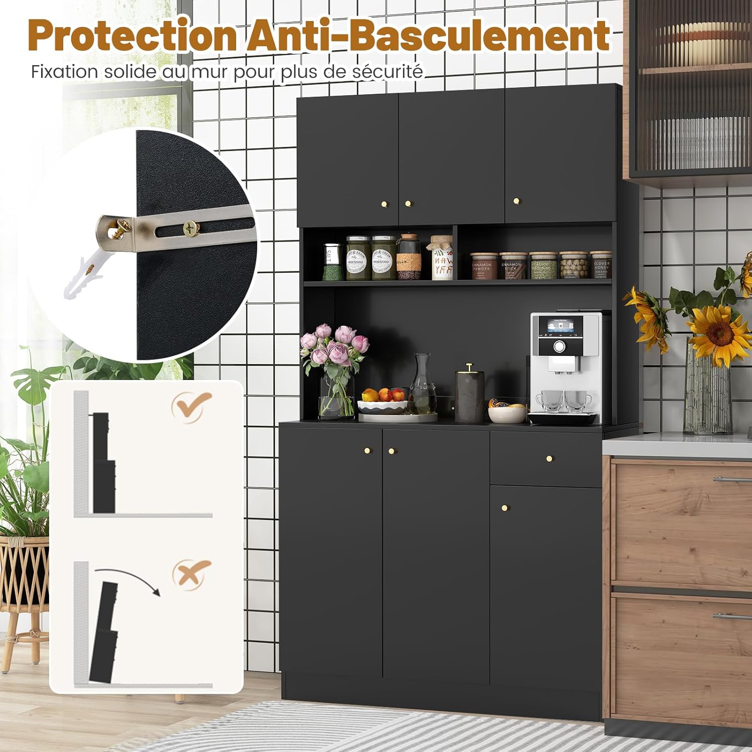 Buffet de Cuisine, Armoire Cuisine avec Prises, 4 Placards, Grand Tiroir, Station de Recharge, Vaisselier, 100x40x181CM (Noir) - 6
