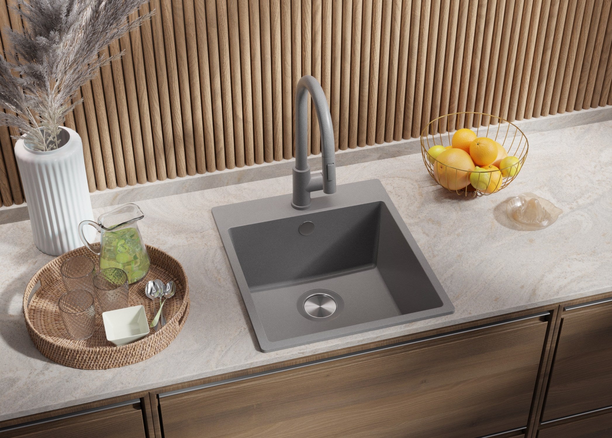 Evier Cuisine en Granit Gris 43x50cm, Lavabo 1 bac + Kit de Vidage, Évier à Encastrer au meuble 45cm - Riga PRIMAGRAN - 2