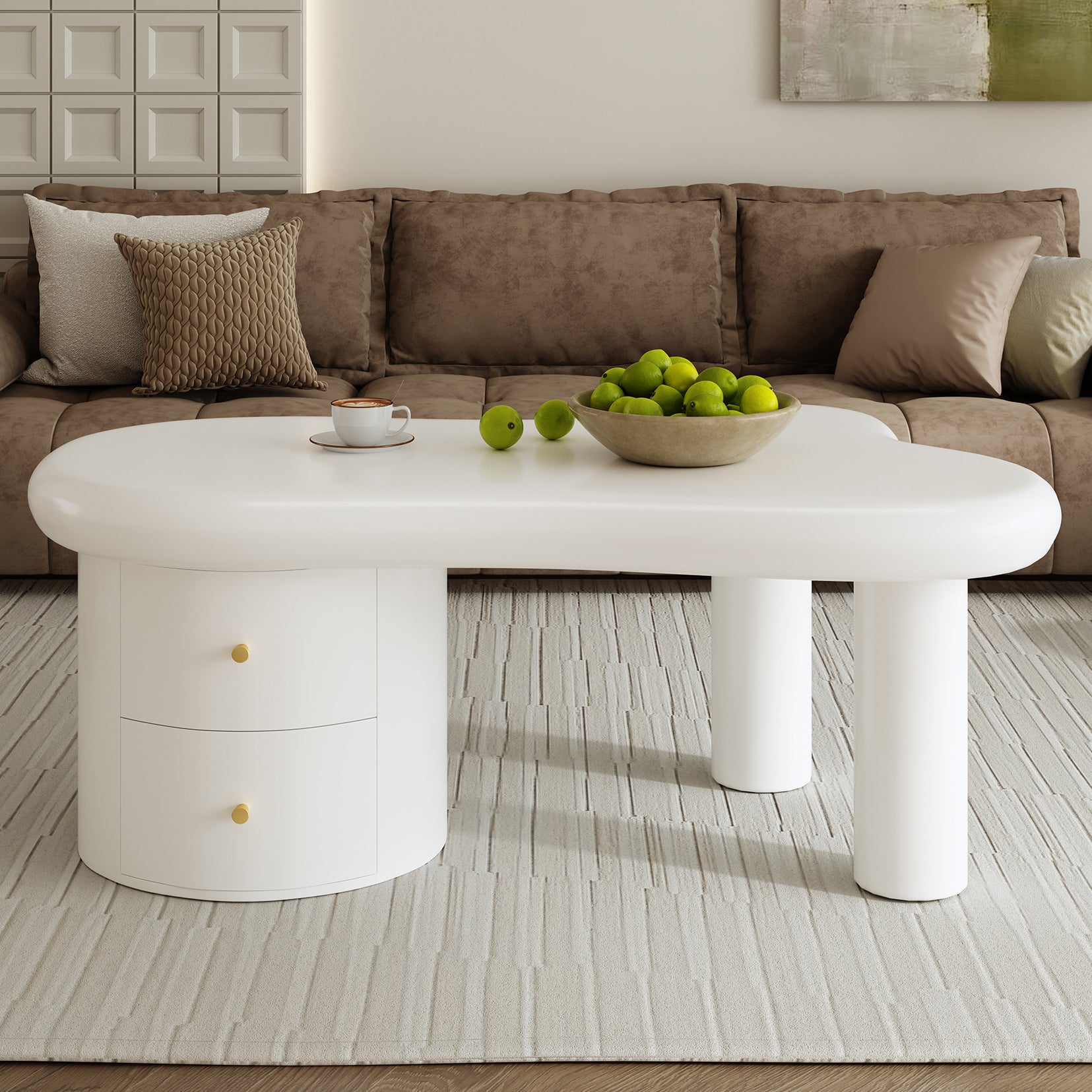 Table basse blanche moderne de forme irrégulière, 2 tiroirs, élégante, stable, pour le salon et usage polyvalent - 8