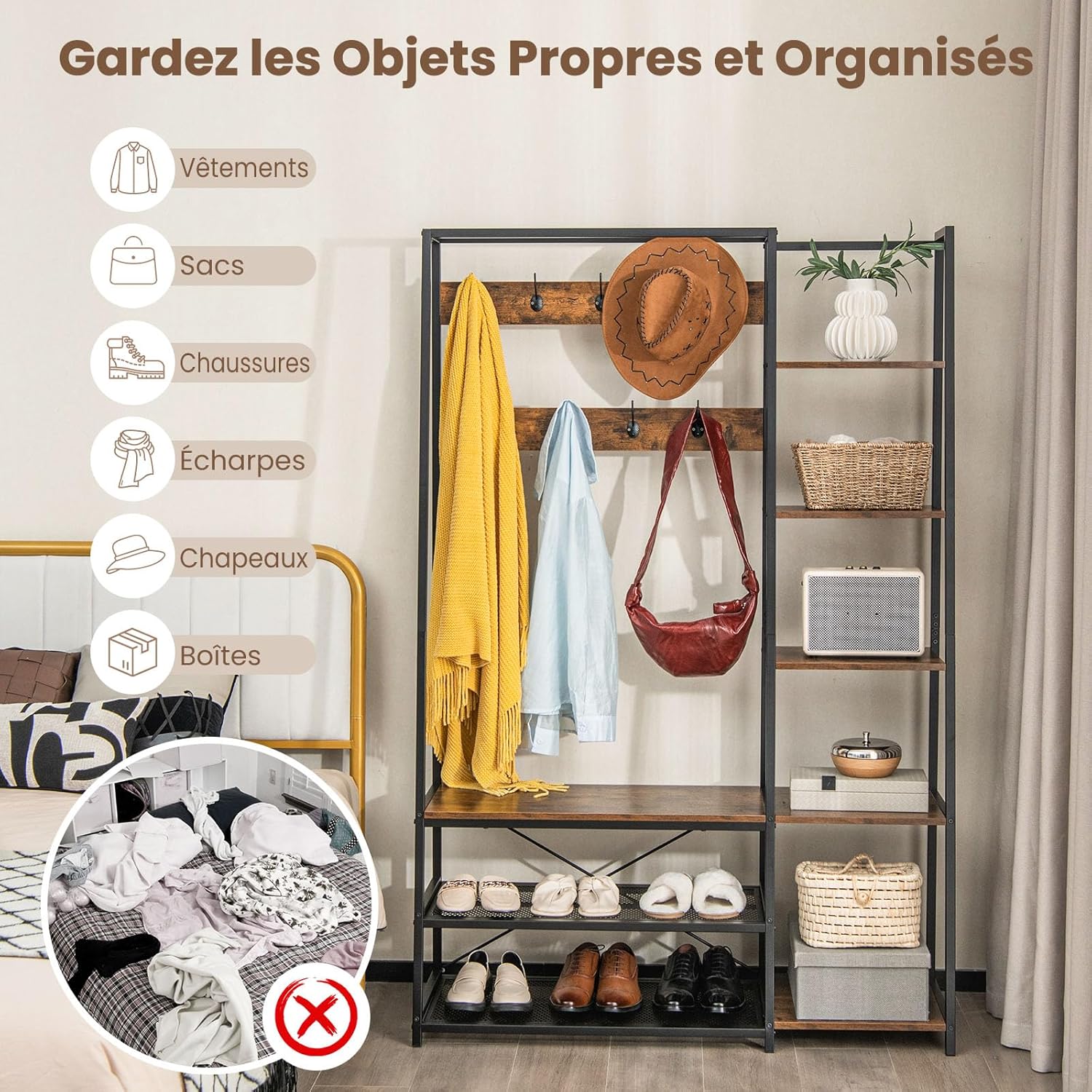 Perchero de Pie en con Banco, Zapatero, Ganchos y Estantes