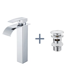 Robinet Cascade pour Vasque à Poser,Mitigeur Haut pour Lavabo,en Inox,Chromé+Bonde Lavabo Bonde Pop-up avec Trop-plein Automatique Universelle