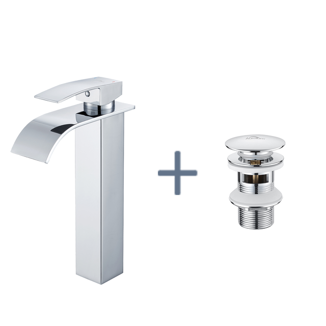 Torneira tipo cascata, misturadora alta para pia, aço inoxidável, cromada + ralo de pia pop-up com transbordamento automático universal