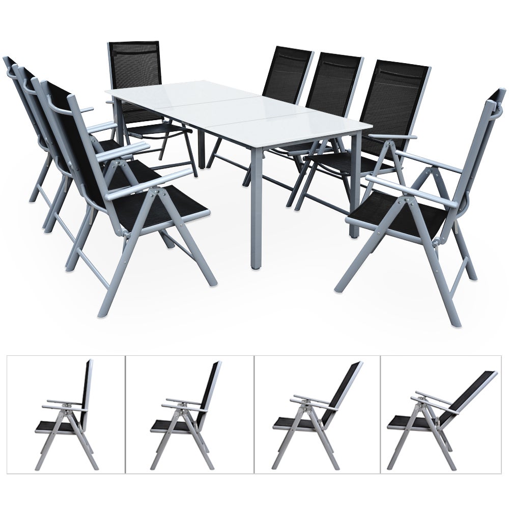 Salon De Jardin 5 Pièces Aluminium "Bern" - Table 90x90cm + 4 Chaises Pliables Réglables - Noir/Argent