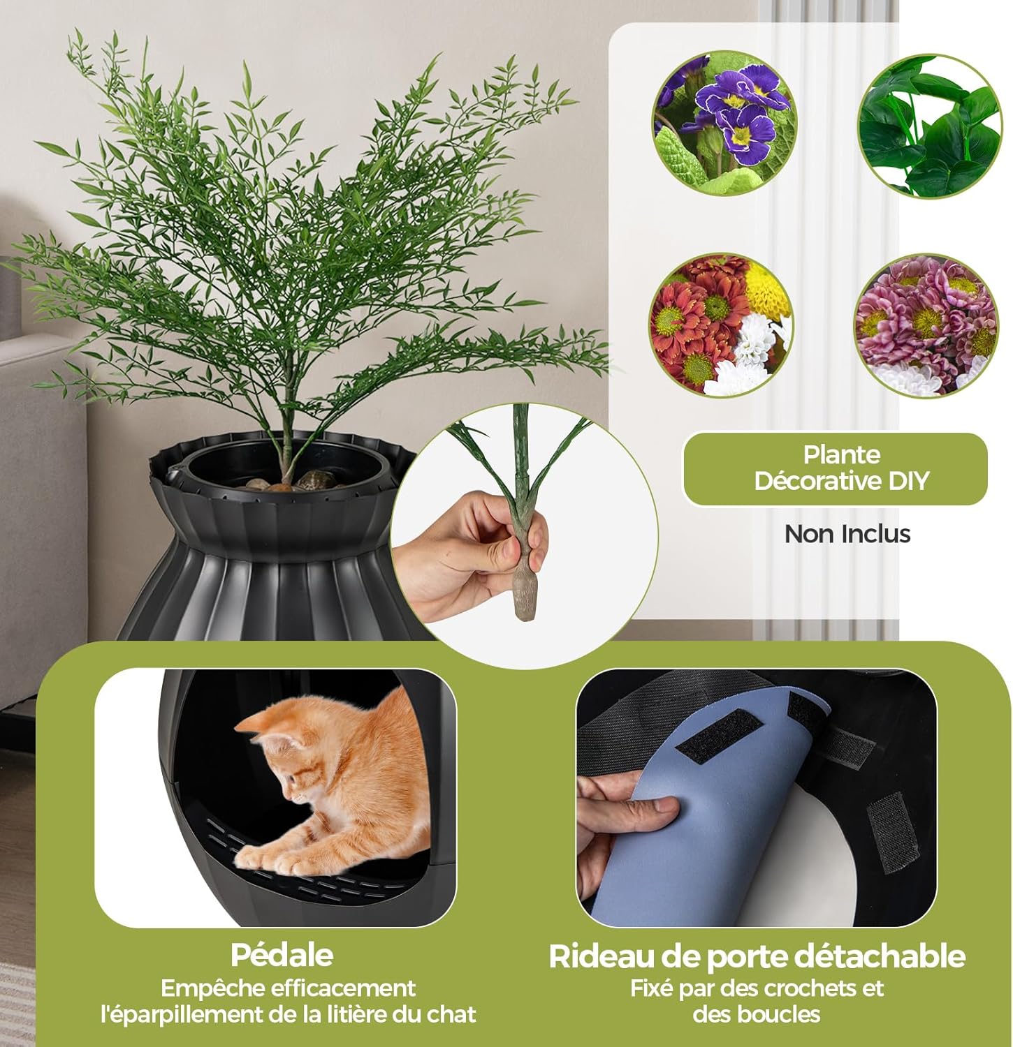Bac Litiere pour Chat XXL avec Désodorisation Ionique, Grande Caisse Chat Litiere 63L avec Plante Artificielle Verte,Noir - 6