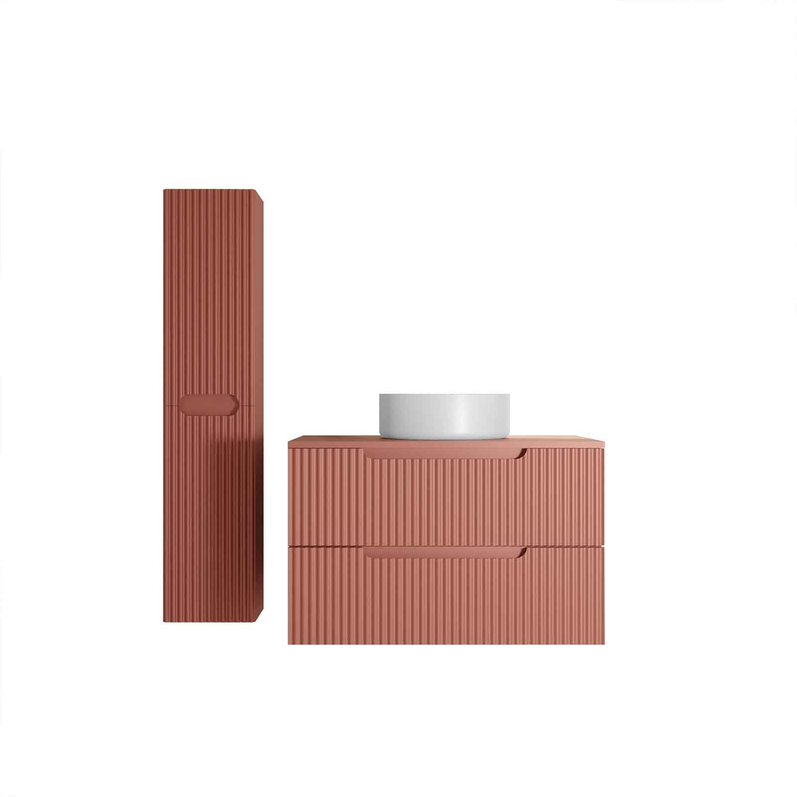 Meuble et colonne de Salle de Bains LEON 80cm Terracotta - Façades Ondulées - Vasque Ronde 36cm - 3