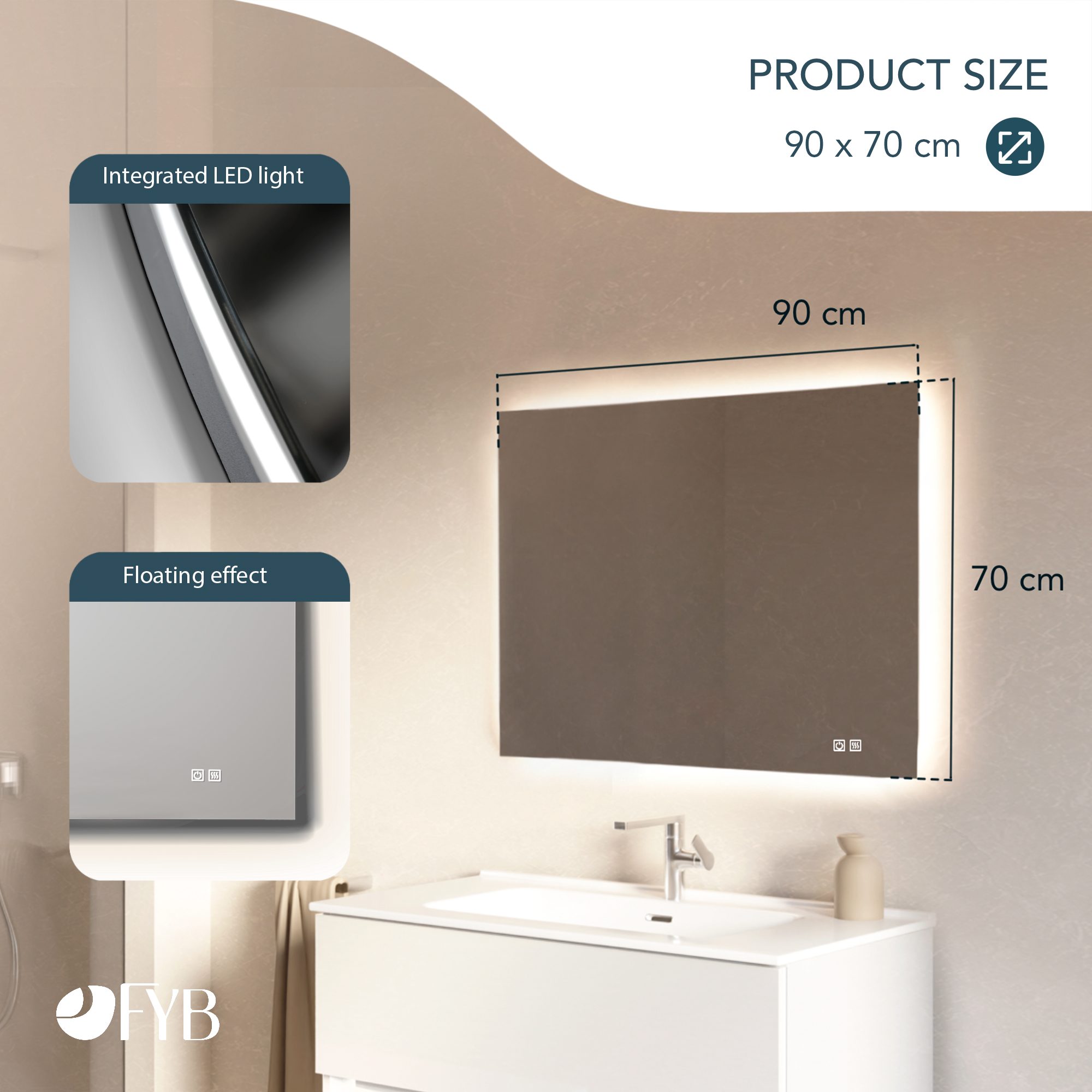 Feel Your Bath Espejo Bluetooth de Baño Rectangular, con Luz LED Regulable, 90x70cm, con Interruptor Táctil, Antivaho y Apagado Automático - 5