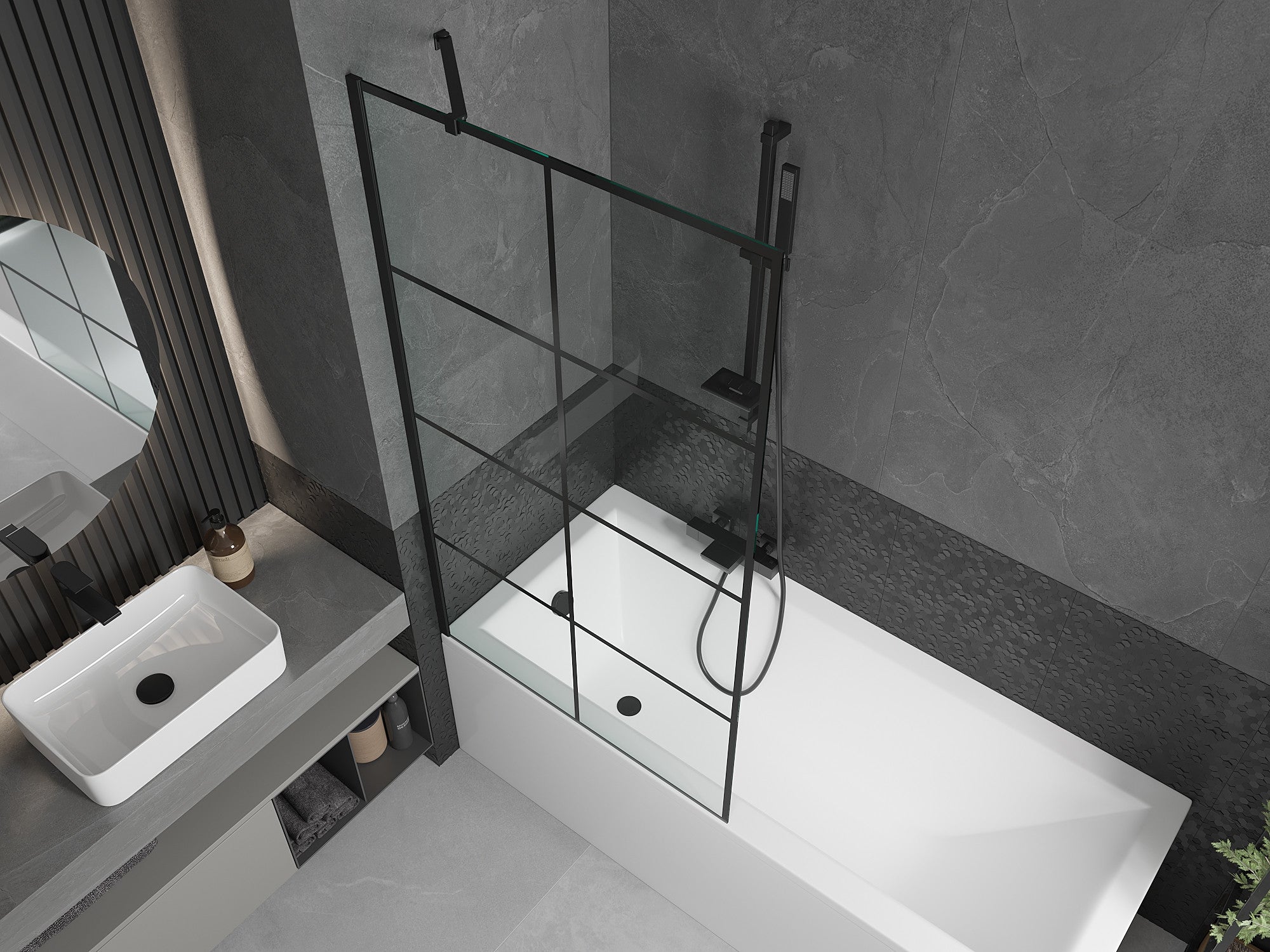 Mexen Cubik bañera rectangular 150 x 70 cm con panel lateral y mampara de 1 hoja 90 cm, diseño negro - 550315070X9509007077 - 3