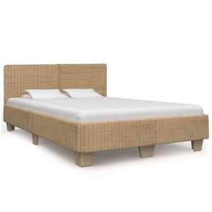 Cama De Ratán Natural 140x200 Cm - Estructura De Madera De Caoba - Color Gris - Sin Colchón