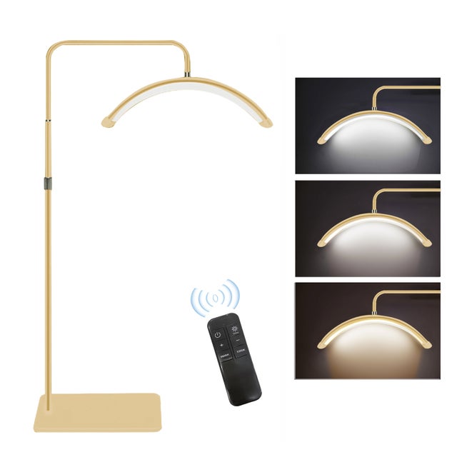 Lampe d'appoint LED sur pied en forme de demi-lune de 36W, luminosité réglable par télécommande de 3200K à 5600K, avec pied métallique de 1,8m, dorée