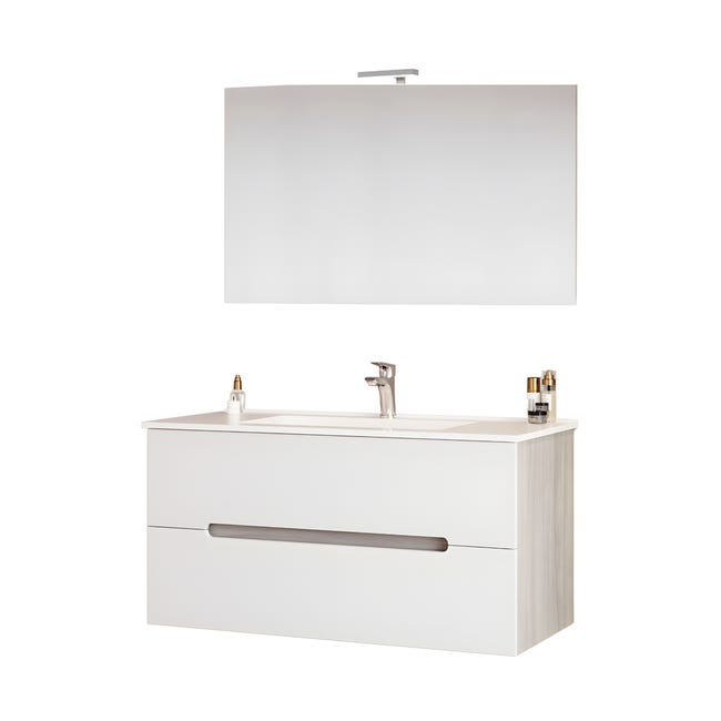 Ensemble meuble vasque 2 tiroirs blanc mat et effet bois l.80 cm + plan vasque Ensemble meuble vasque 2 tiroirs blanc mat et effet bois l.80 cm + plan vasque