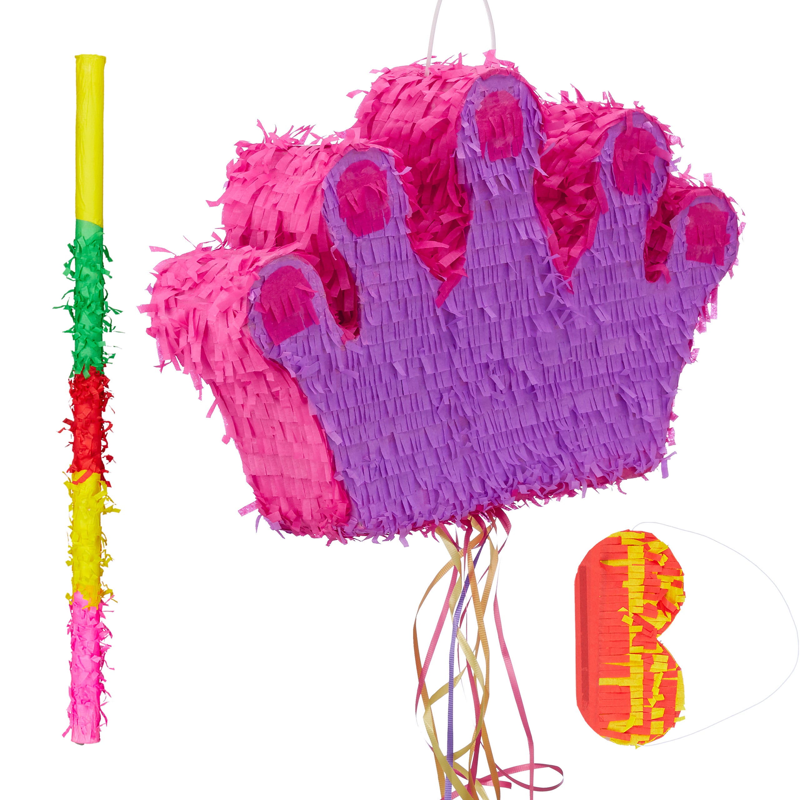 Set piñata infantil xxl corona con palo y antifaz, piñata para fiestas infantiles. papel, rosa-lila, 31 x 49 x 10 cm