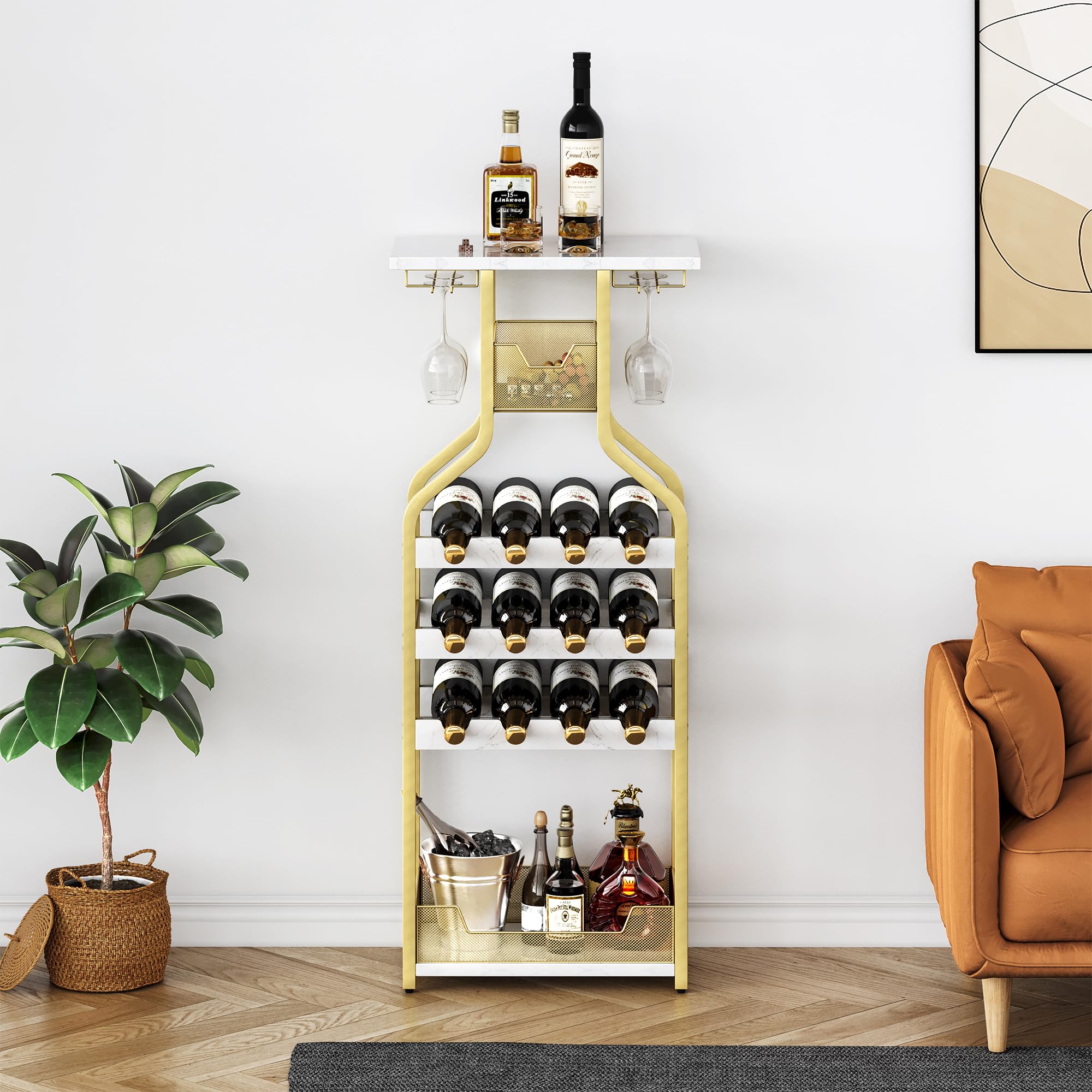 Estante de vino independiente oro, soporte para botellas Y copas, mesa ...