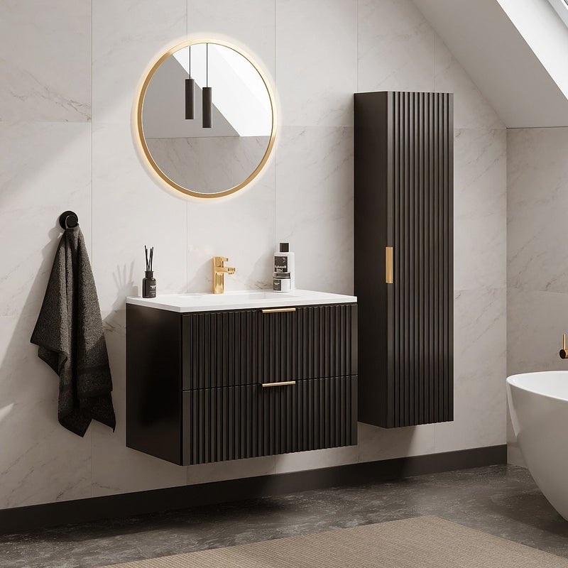 Szafka łazienkowa wisząca ryflowana z umywalką wpuszczaną w blat i słupkiem - Czarny - 80 cm - ZEVARA