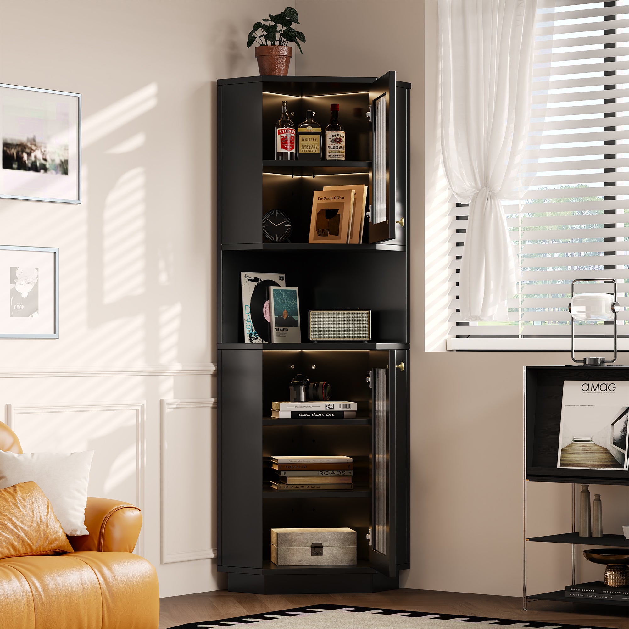 Narożna szafka łazienkowa z 2 drzwiami i 1 wnęką - 45 x 45 x 166,5 cm - Diody LED - MDF - Regulowane półki - Czarna