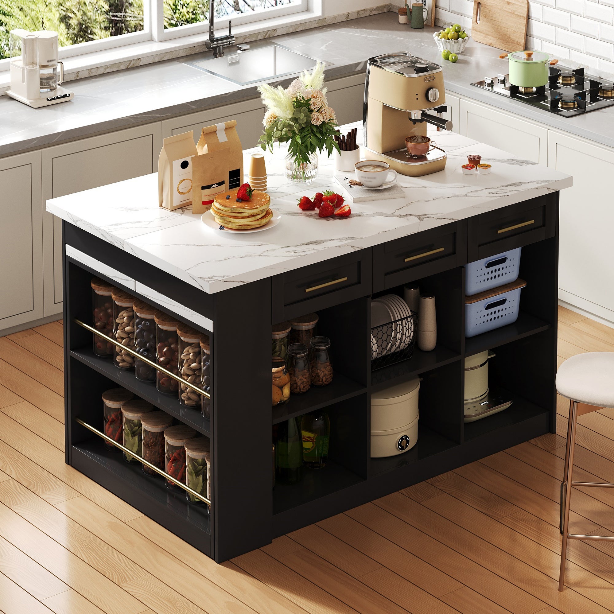 Wyspa kuchenna 150x90x90cm - z wysuwanym stołem jadalnym - faktura marmuru - z dużą przestrzenią do przechowywania - Czarny + Biały