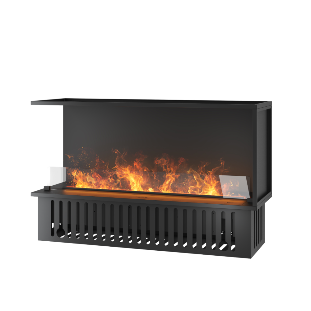 Narożny kominek parowo-wodny L1200 do zabudowy z wielokolorowym płomieniem, efektem 3D i sterowaniem za pomocą aplikacji, zbiornik 2,4 l – 120 cm