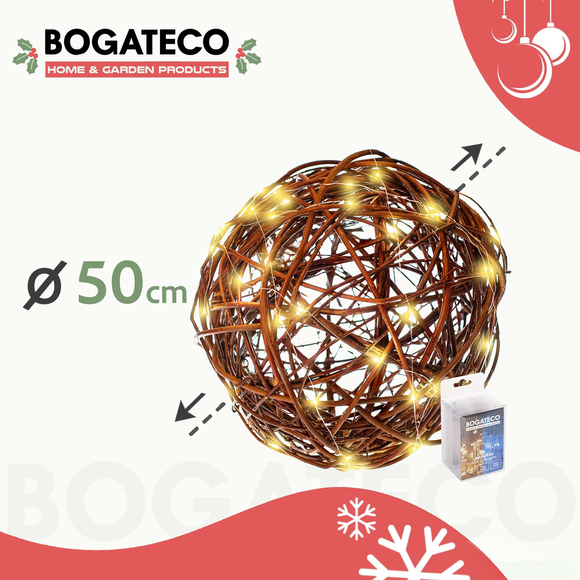 Sphère décorative BOGATECO 50 cm avec guirlande lumineuse LED - Sphère XXL en osier avec éclairage LED blanc chaud | pour jardin, balcon et terrasse - 2