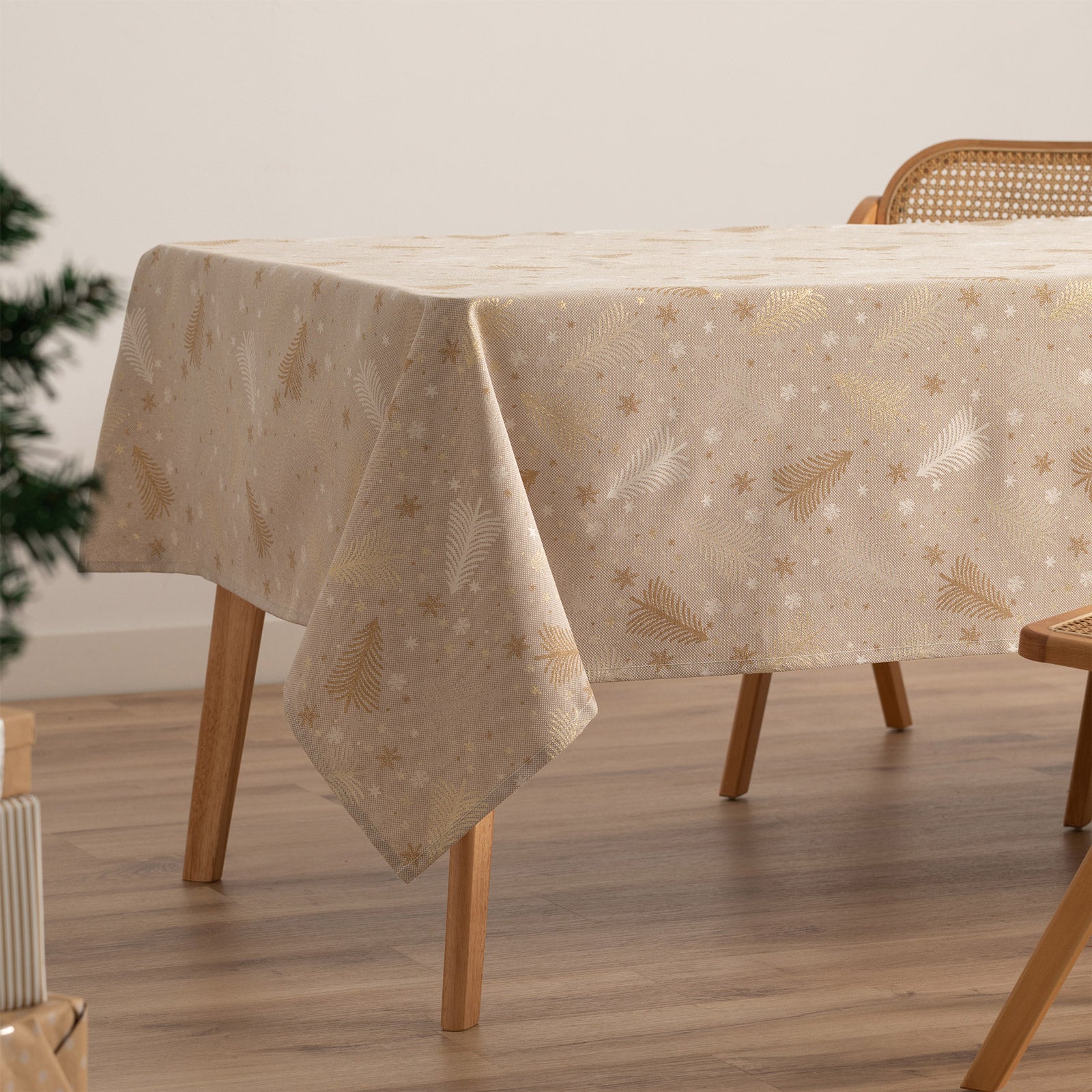 Tovaglia di Natale quadrata in cotone jacquard beige e oro 140x140 cm - Christree - 2