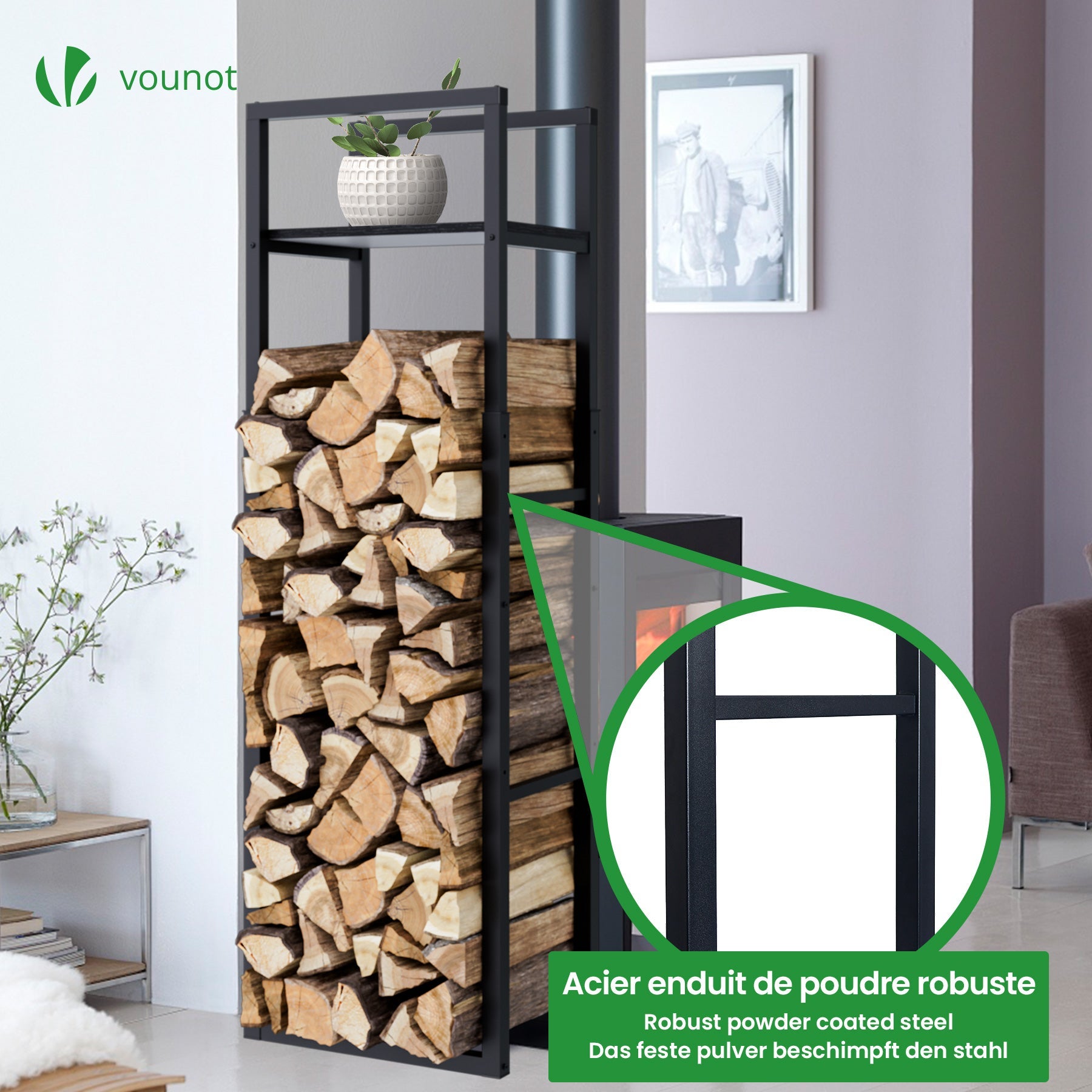 Porte bûche vertical télescopique avec étagère 45x32x170cm - métal - range bûche pour cheminée intérieur et extérieur - noir - VOUNOT® - 6