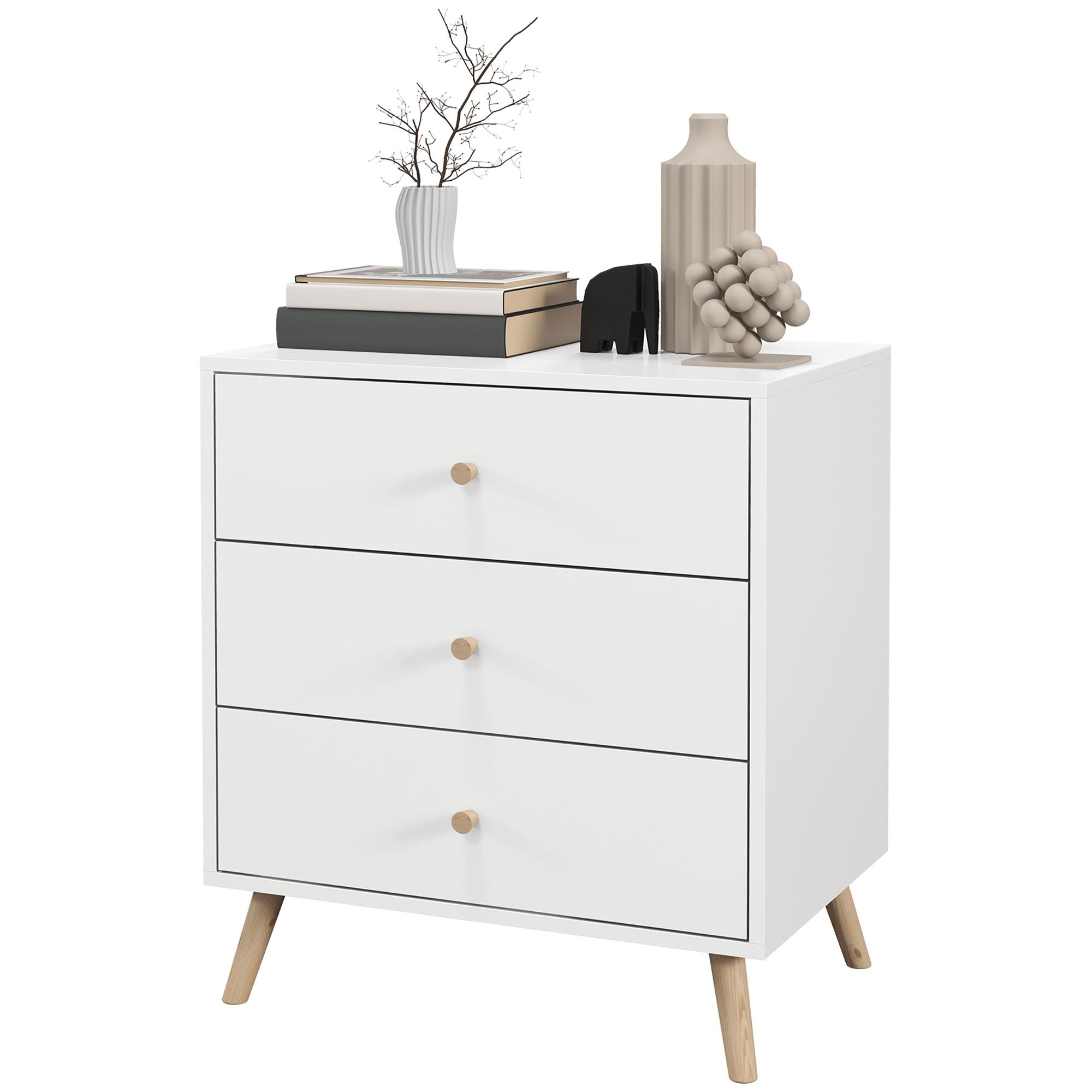 Commode 3 tiroirs Design scandinave Meuble de Rangement Chambre MDF Blanc poignée piètement effilé Bois Massif de pin - 2
