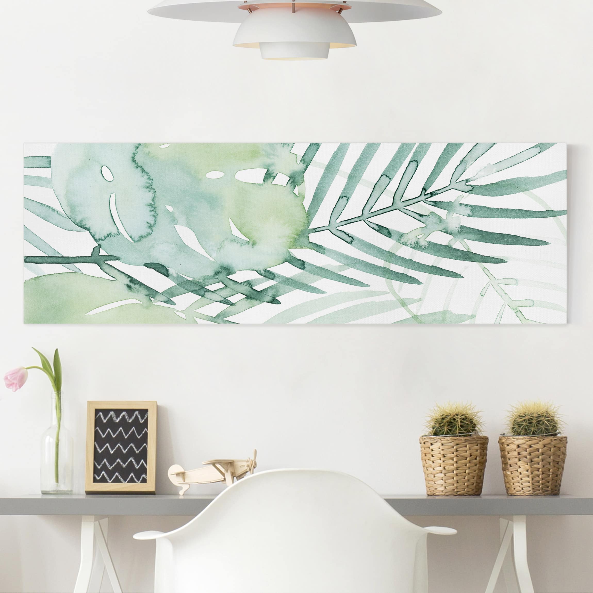 Impression sur toile tableau sur toile châssis vert botanique plantes aquarelle tropical 315 chambre à coucher salon couloir 120 x 40 cm - 2