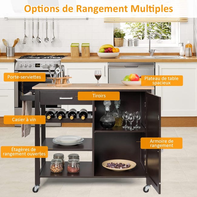 Chariot De Cuisine Avec Roulettes CEEDIR - Îlot Mobile 115x36x90cm Blanc Avec Tiroir, Planche à Épices Et Plan De Travail Bois