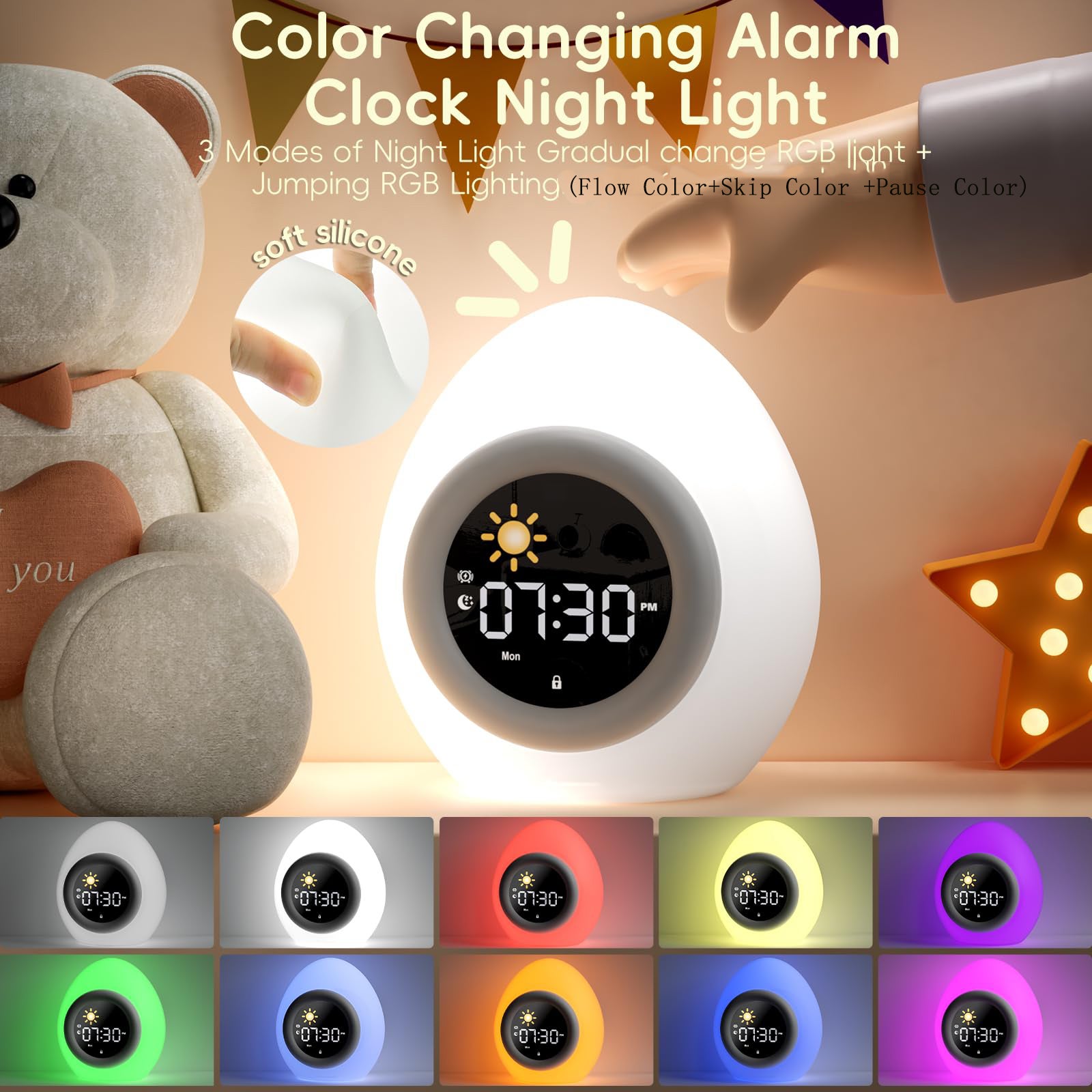 Réveil pour enfants, réveil rechargeable, réveil jour/nuit/fonction snooze/luminosité de l'écran réglable/7 couleurs/6 chansons/arrêt automatique - 4