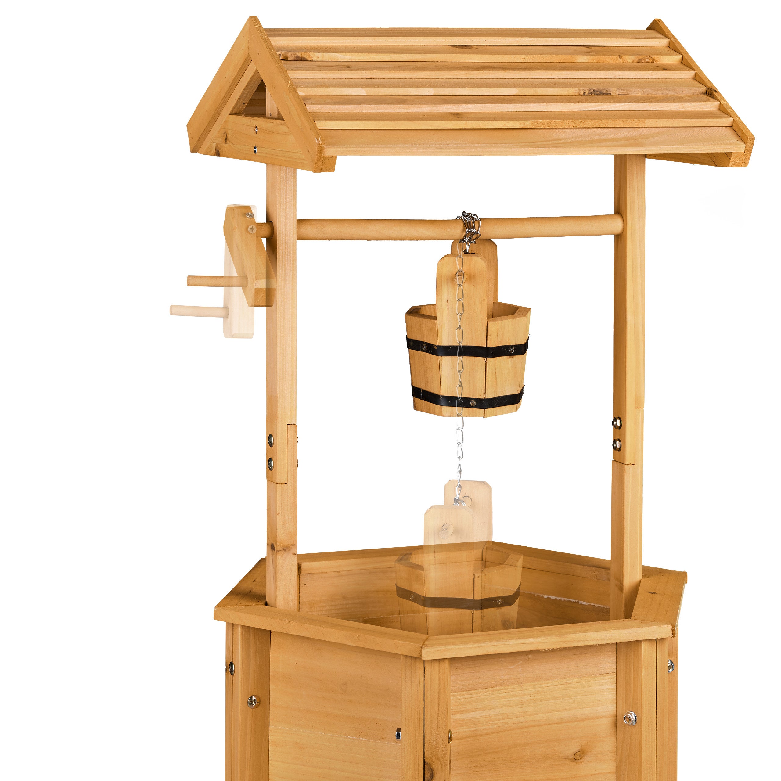 Puit de décoration jardin en bois avec seau et manivelle HxlxP: 82 x 47 x 41 cm, nature, Relaxdays - 4