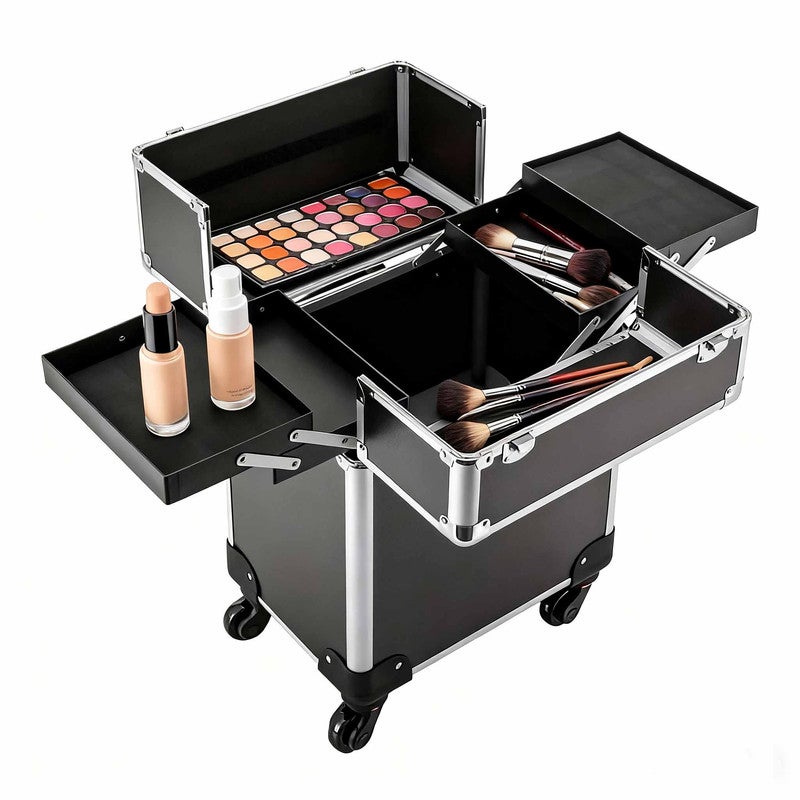 NETTLIFE Macheta de machiaj profesionale negru, Vanity Trolley Cosmetic de călătorie cu Roți Pivotantes 360°