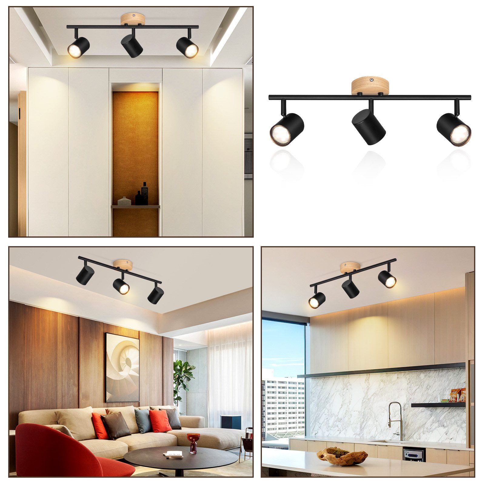 NETTLIFE Plafón LED de 3 llama - Plafón GU10 negro Foco giratorio Aplique de madera Foco de pared para salón dormitorio Sin bombilla - 7
