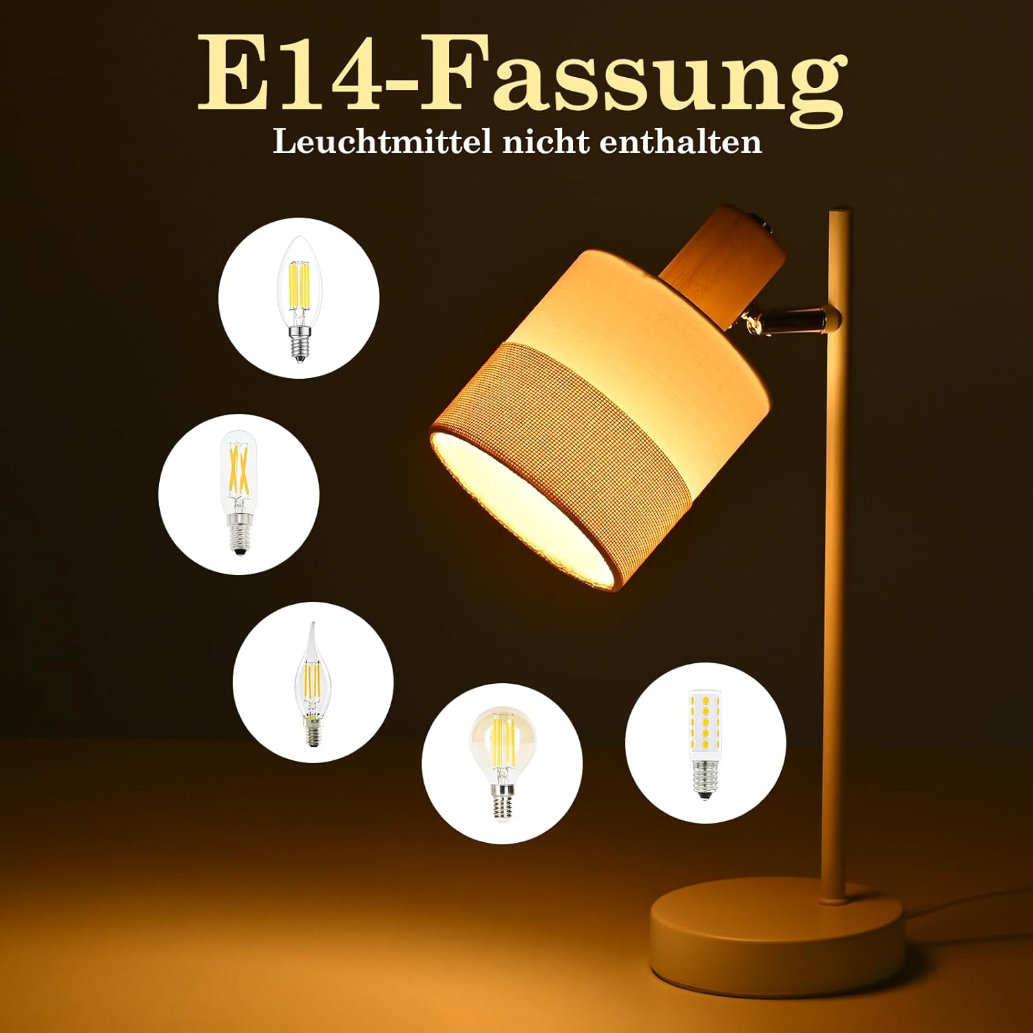 Nettlife Lampa Stołowa Vintage Drewno E14, Klosz Tkanina, Obrotowa, Rustykalna do Sypialni i Biura (Brak żarówki) - 4