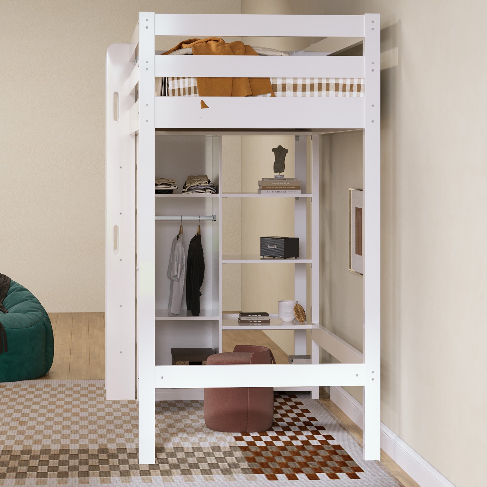Lit mezzanine 90x200cm en bois - avec une armoire et étagères - Blanc - 3