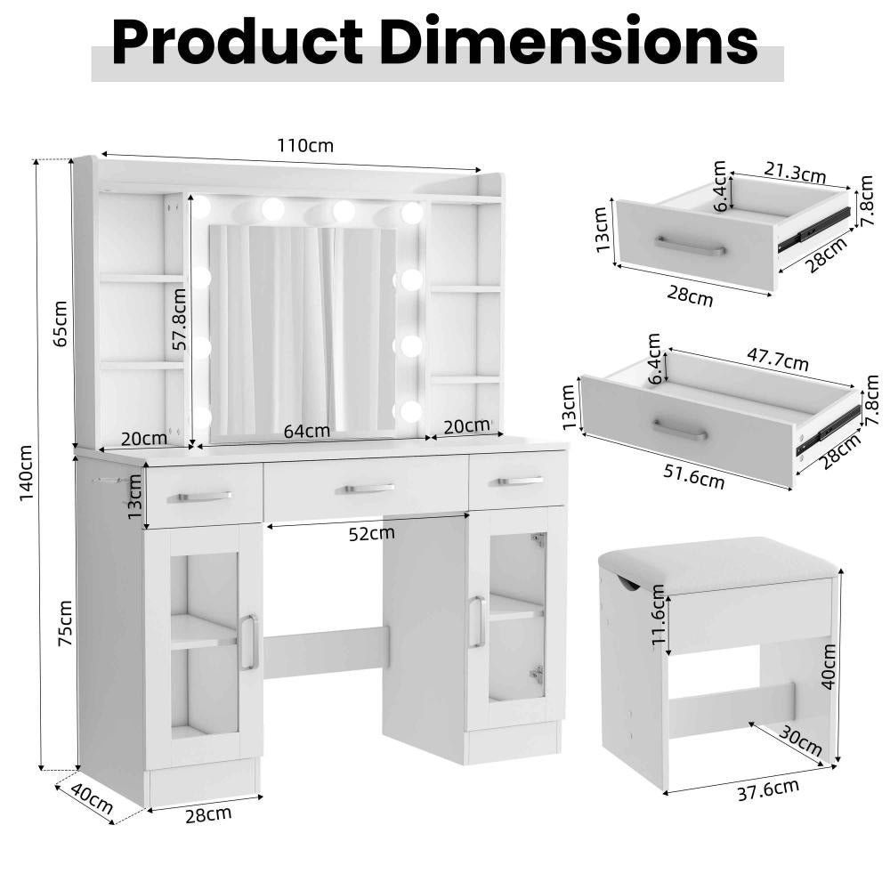Coiffeuse blanche 110×40×145 cm avec miroir LED 10 lumières, hocker et support sèche-cheveux inclus - 2