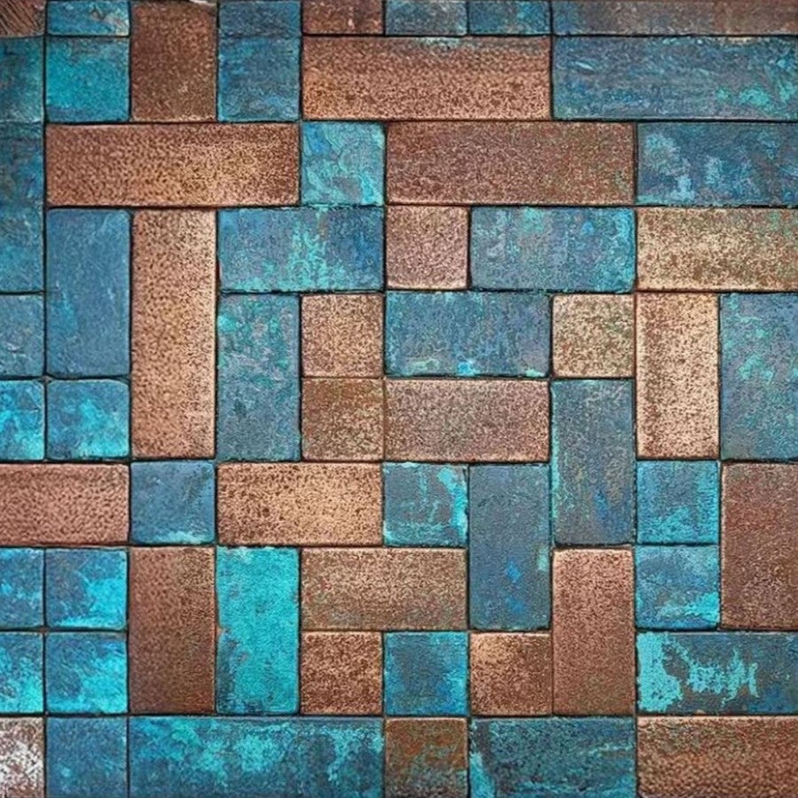 Płytki miedziane na ściany Cobresos, kolor Turkus-brąz – Płytki do kuchni z miedzi ręcznie robione | Płytki nad blatem z miedzi backsplash
