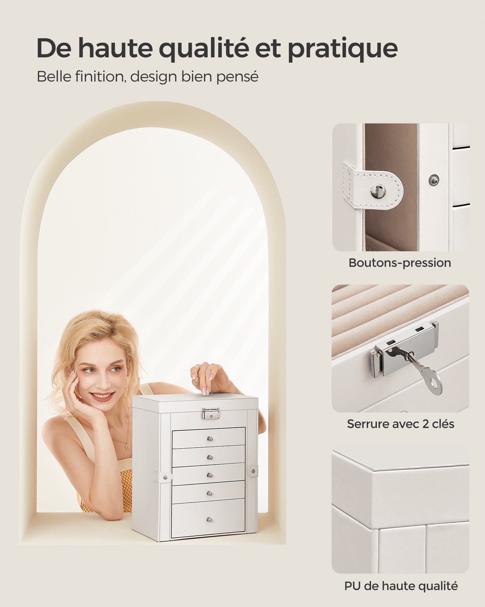 Boîte à Bijoux, Grand, 6 Niveaux avec Ailes, tiroirs, Miroir et Fermoir, Blanc - 6